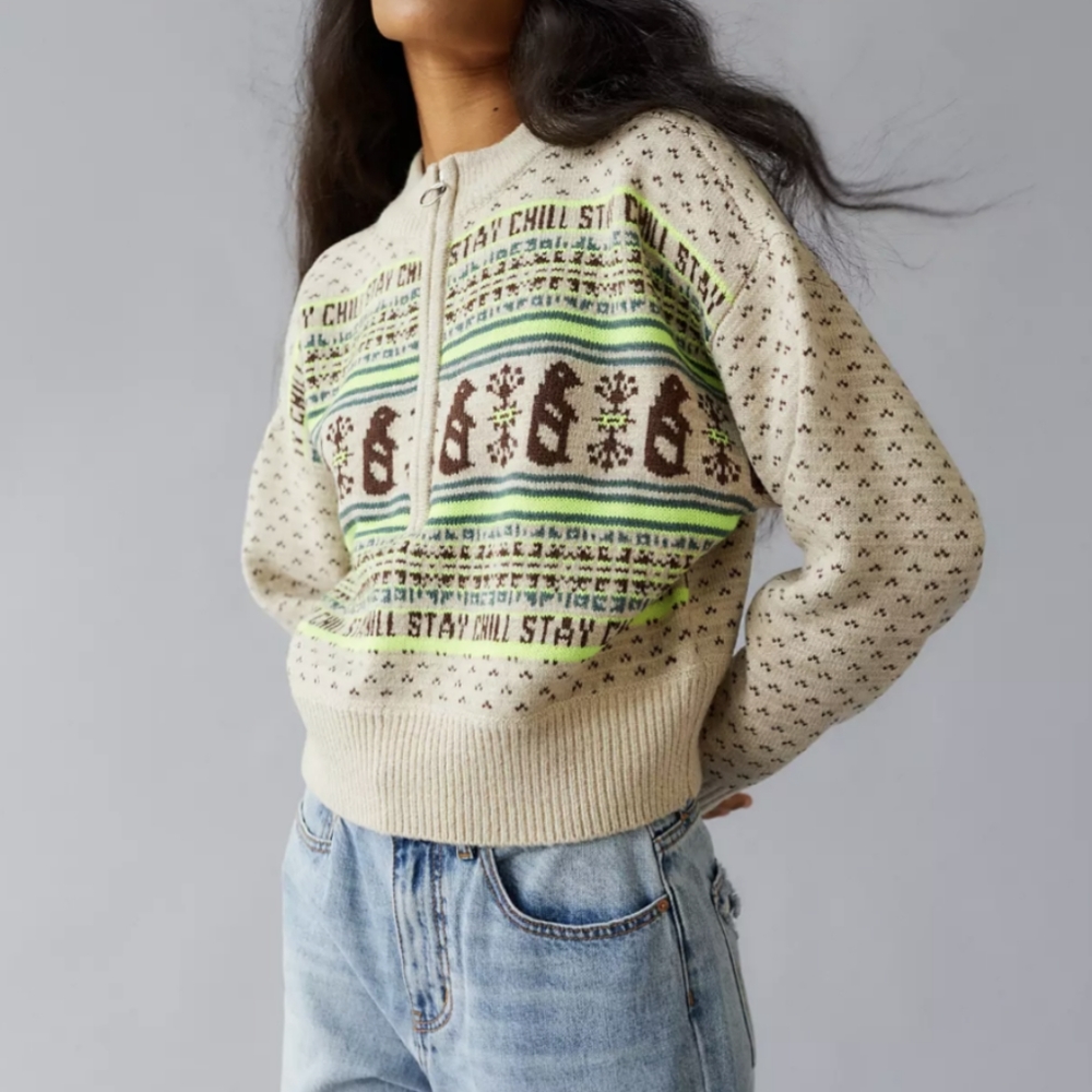 Fair Isle Penguin Pullover Sweater XS - Urban Outfitters BDG Cream Chartreuse